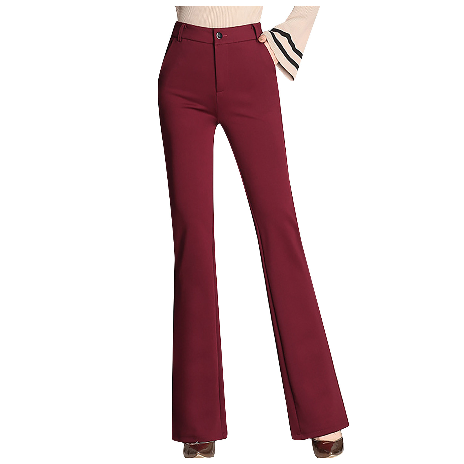 thumbnail image 1 of Pantalones rectos de cintura alta para mujer: cintura elástica, pantalones acampanados con bolsillos, 1 of 8